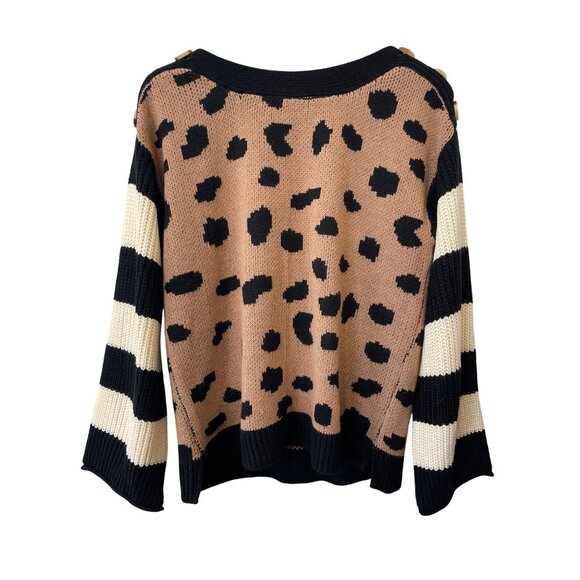 The Nines Sweater Size Small Leopard Print Striped Sleeves Button Shoulder Comfy - Picture 1 of 7